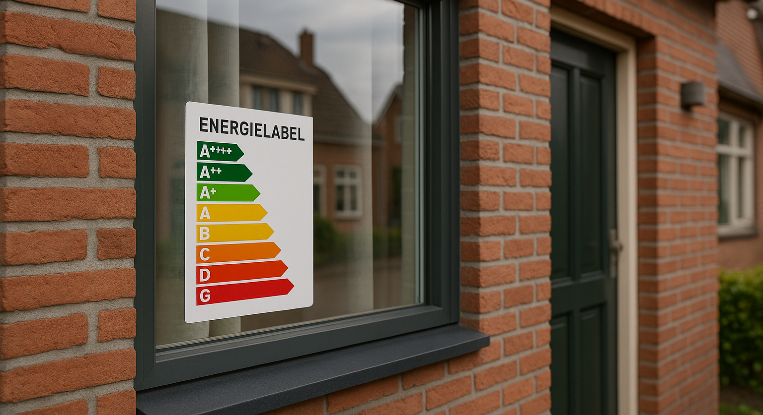 Woning met zichtbaar energielabel op het raam, symbool voor lagere hypotheekrente en extra leenruimte bij verduurzaming.