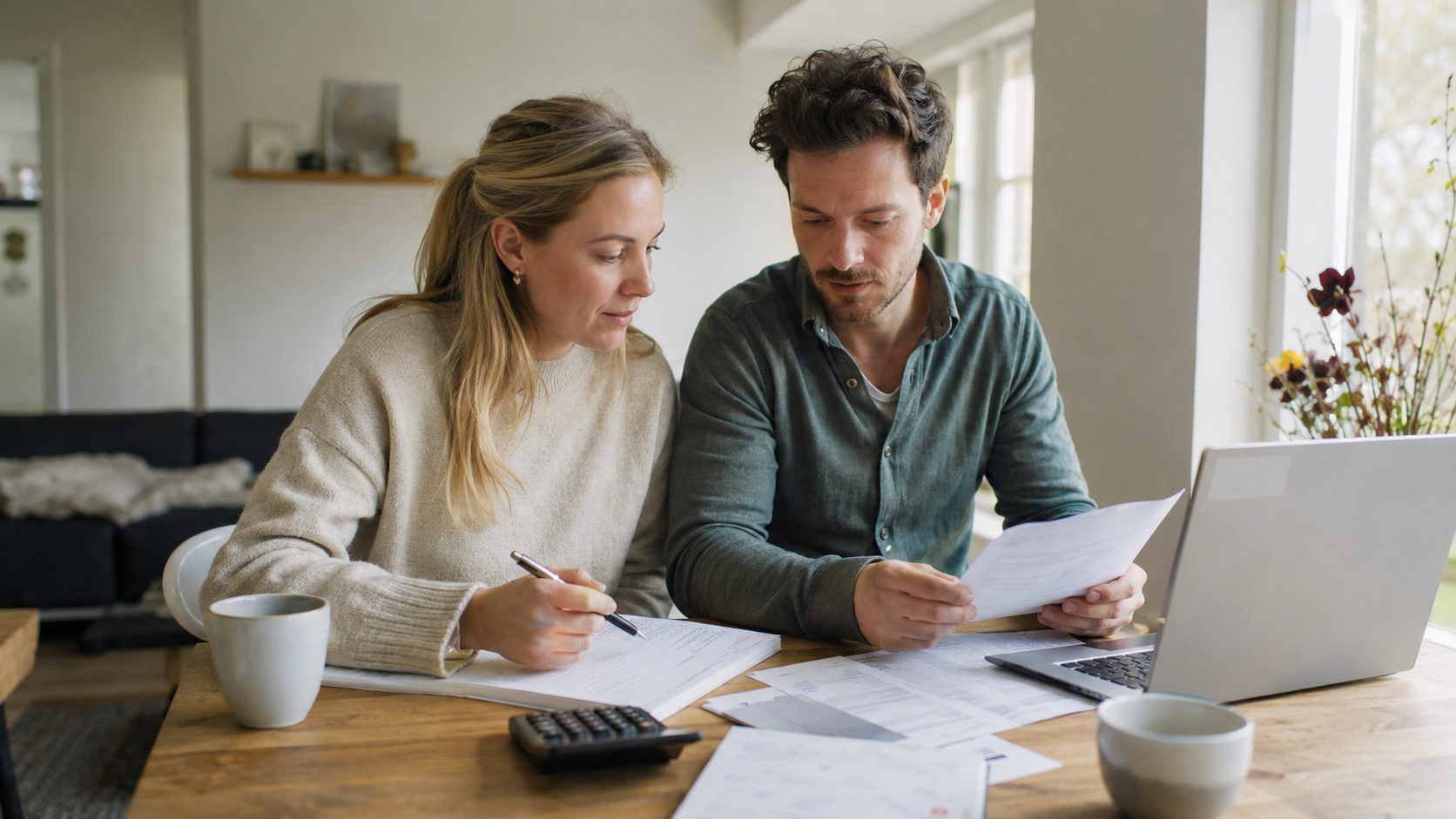Stel bereidt bieden zonder voorbehoud van financiering voor aan keukentafel